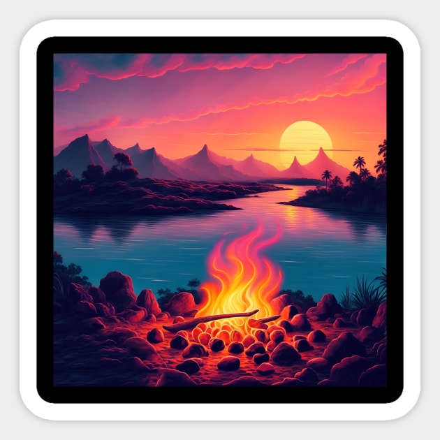 80s Style A Camping Fire in a Beautiful Beach Sunset Retro Vintage Travel Artwork Sticker by Ceylon